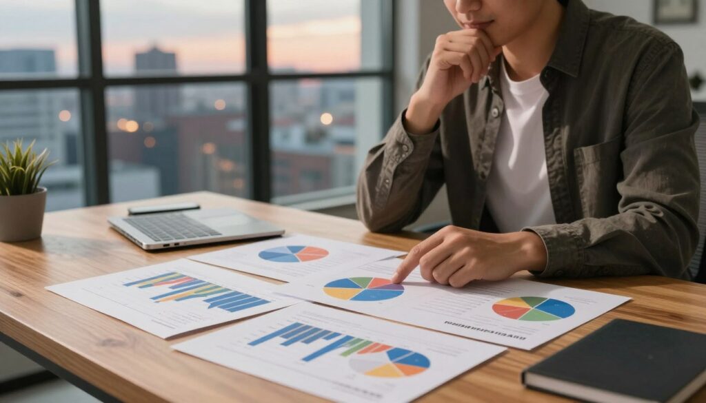 A serene desk environment in the foreground featuring a wooden desk with a diversified portfolio spread out, including charts, graphs, and colorful pie charts symbolizing various investments like stocks, bonds, and real estate. In the middle ground, a thoughtful individual in smart casual attire strategically examines the materials, their expression reflecting contemplation and confidence. In the background, a large window reveals a vibrant cityscape at dusk, symbolizing opportunity and growth. Soft lighting casts a warm glow across the scene, enhancing the atmosphere of stability and security. The perspective is slightly tilted from above, capturing the layers of diversification within a cohesive visual narrative. The overall mood is optimistic and professional, conveying the importance of diversification in wealth-building.