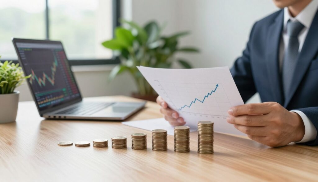 A serene financial landscape illustrating the concept of consistency in investing, featuring a well-organized desk with a neatly arranged stack of coins gradually increasing in height, symbolizing dollar-cost averaging. In the foreground, a professional individual dressed in smart business attire examines a simple, clear graph showing steady growth over time. The middle ground features green plants and a laptop displaying positive financial data, emphasizing discipline and progress. The background is a peaceful office setting with large windows allowing soft, natural light to illuminate the scene, creating an inspiring atmosphere. The overall mood conveys calmness, focus, and a long-term investment approach without the chaos of market timing. The composition should be balanced, inviting viewers to reflect on the value of consistent and disciplined investing.