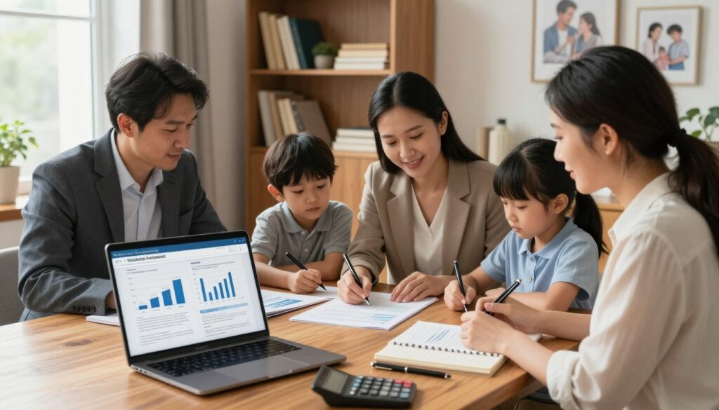 A serene financial planning scene depicting a diverse family gathered around a wooden dining table, working together on a life wealth plan. In the foreground, a laptop displays financial charts and insurance documents, while a calculator, notepad, and pens are strategically placed. The middle ground features the family members, two parents in professional business attire, and two kids engaged, showing the importance of financial literacy. Soft, natural lighting filters through a nearby window, casting a warm glow on their focused expressions. In the background, shelves filled with books on finance and family portraits enhance the atmosphere, suggesting stability and unity. The overall mood is optimistic and collaborative, embodying the essence of insurance as a crucial part of modern financial planning.