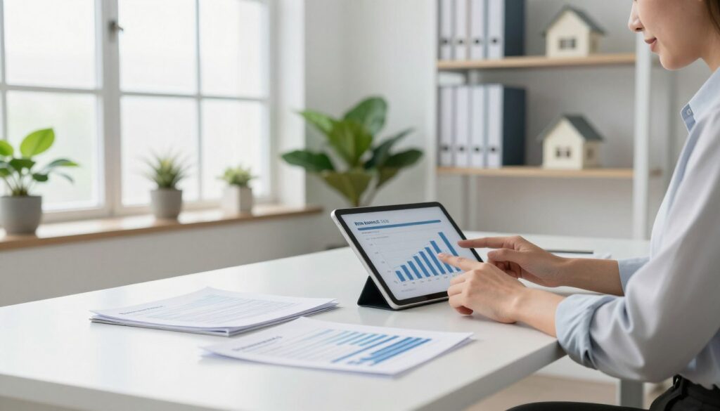 A serene, minimalist office setting focused on a stylish desk with essential insurance documents neatly organized. In the foreground, a confident professional in business attire studies a tablet displaying simple graphs about risk coverage. The middle ground features a large window with soft natural light streaming in, illuminating a few strategically placed plants, symbolizing growth and stability. In the background, shelves are adorned with carefully arranged books about insurance principles and a small model house, representing home insurance. The mood is calm and focused, emphasizing clarity in decision-making. The composition should utilize a low-angle view to suggest professionalism and insight, while maintaining a clean, uncluttered aesthetic. A serene, minimalist office setting focused on a stylish desk with essential insurance documents neatly organized. In the foreground, a confident professional in business attire studies a tablet displaying simple graphs about risk coverage. The middle ground features a large window with soft natural light streaming in, illuminating a few strategically placed plants, symbolizing growth and stability. In the background, shelves are adorned with carefully arranged books about insurance principles and a small model house, representing home insurance. The mood is calm and focused, emphasizing clarity in decision-making. The composition should utilize a low-angle view to suggest professionalism and insight, while maintaining a clean, uncluttered aesthetic.