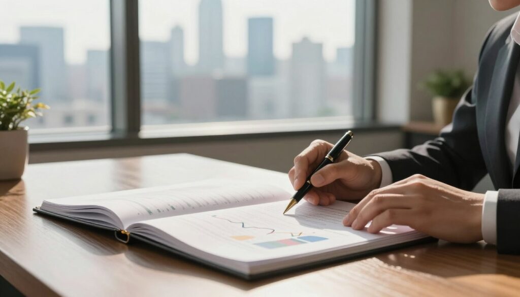 A serene office setting bathed in soft morning light, symbolizing wealth with a polished wooden desk featuring an open portfolio, luxury pen, and a graph showcasing steady growth. In the foreground, a pair of hands (dressed in professional attire) is analyzing financial reports, demonstrating careful consideration of investments. In the middle ground, a large window reveals a bustling city skyline, hinting at opportunity, while reflective glass frames the scene to evoke ambition. The background includes subtle images of greenery and a hint of gold decor, creating a harmonious atmosphere of richness balanced with tranquility. The overall mood should convey a sense of security and thoughtful planning in a modern market environment.