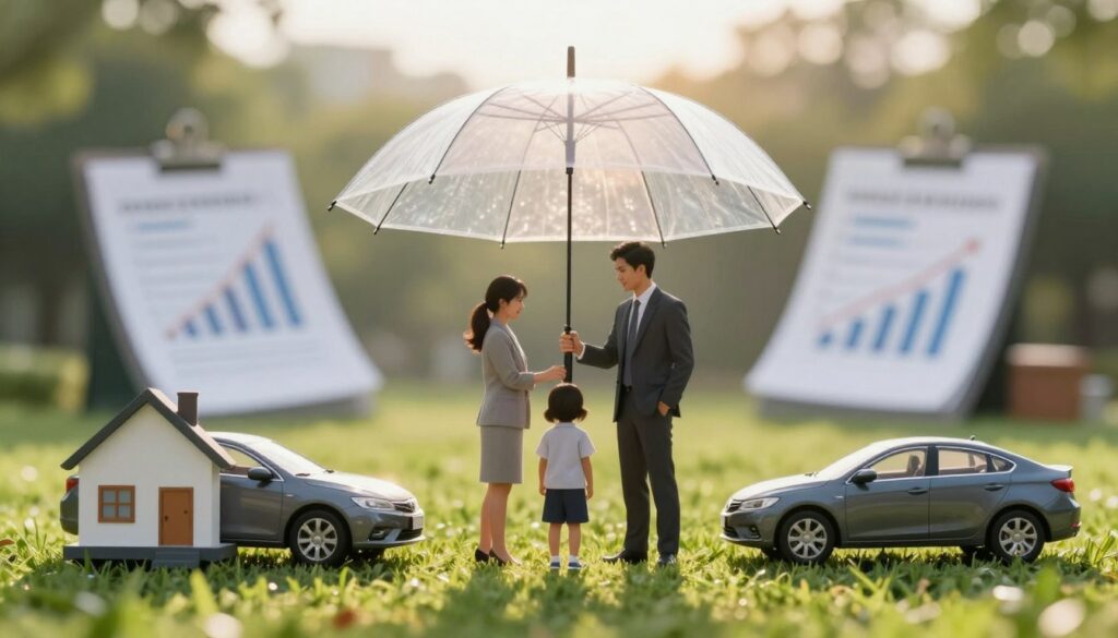 A serene office setting representing umbrella liability insurance protection, showcasing a large, transparent umbrella hovering protectively over an elegant family in professional attire, standing on a lush green lawn. In the foreground, the umbrella creates a clear boundary over their financial assets symbolized by a home and a car, both glistening under warm sunlight. In the background, soft-focus images of paperwork and graphs hinting at financial growth are visible, while light filters through the umbrella, casting a gentle, reassuring glow. The atmosphere is calm and secure, conveying the idea of safeguarding wealth and promoting financial freedom. Shot with a wide-angle lens to encompass the protective ambiance, highlighted by soft, natural lighting for a welcoming feel.
