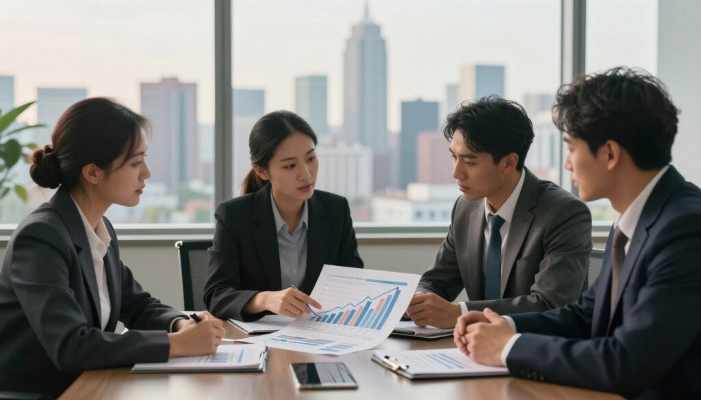 A serene office setting with a large window showcasing a vibrant city skyline in the background. In the foreground, a diverse group of three individuals dressed in professional attire is gathered around a sleek, modern conference table, studying a detailed financial portfolio laid out before them. One person is pointing at a chart illustrating growth over time, while the others are engaged in thoughtful discussion, demonstrating collaboration. Soft, natural light filters through the window, creating a warm, inviting atmosphere that encourages strategic planning and goal setting. The overall mood conveys ambition and focus, emphasizing the importance of aligning portfolios with individual goals and risk management strategies.