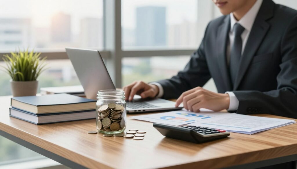 A serene office setting with a modern wooden desk in the foreground, featuring a carefully arranged stack of financial books and a sleek calculator. A glass jar filled with coins sits prominently next to a small potted plant, symbolizing savings growth. In the middle ground, a professional-looking person in business attire, focused and reviewing financial plans on a laptop. They exude confidence and diligence, highlighting the importance of increasing savings. The background showcases an inspiring cityscape through a large window, with soft, warm natural light flooding the room, creating a motivated and optimistic atmosphere. The overall mood conveys a sense of stability and future wealth-building potential, with no distractions or clutter, focusing solely on the theme of financial prudence.