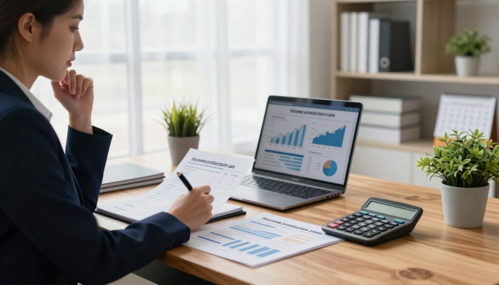 A serene office setting with a wooden desk in the foreground, displaying a well-organized financial portfolio, a calculator, and a plant. To the left, a professional woman in business attire sits thoughtfully, holding a pen, analyzing her income protection plan and savings documents on a notepad. In the middle ground, a laptop shows graphs and statistics depicting financial security and growth. Behind her, large windows let in soft, natural light, illuminating the room and creating a warm atmosphere. In the background, a bookshelf with financial books and a calendar emphasizing important savings milestones. The mood conveys a sense of security and careful planning, emphasizing the harmony between income protection and savings strategy.