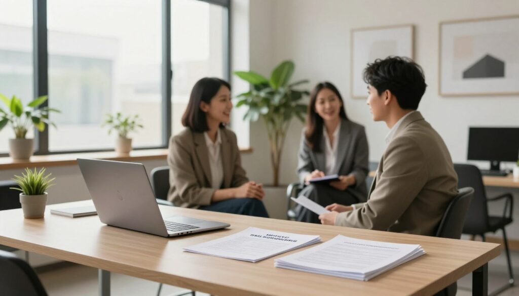 A serene office space showcasing minimalist insurance concepts for small business owners. In the foreground, a sleek, modern desk with a laptop and a neatly arranged file of essential documents, symbolizing simplicity and focus. In the middle, two professionals in smart business attire engaged in a friendly discussion, surrounded by potted plants for a touch of liveliness. The background reveals large windows letting in soft, natural light, creating an inviting atmosphere. The walls are adorned with minimalist artwork, reinforcing the notion of clarity and no excess. The entire scene exudes a calm, professional vibe, emphasizing thoughtful coverage without unnecessary complexity. Use a warm color palette and a slight depth of field to enhance focus on the main subjects. A serene office space showcasing minimalist insurance concepts for small business owners. In the foreground, a sleek, modern desk with a laptop and a neatly arranged file of essential documents, symbolizing simplicity and focus. In the middle, two professionals in smart business attire engaged in a friendly discussion, surrounded by potted plants for a touch of liveliness. The background reveals large windows letting in soft, natural light, creating an inviting atmosphere. The walls are adorned with minimalist artwork, reinforcing the notion of clarity and no excess. The entire scene exudes a calm, professional vibe, emphasizing thoughtful coverage without unnecessary complexity. Use a warm color palette and a slight depth of field to enhance focus on the main subjects.