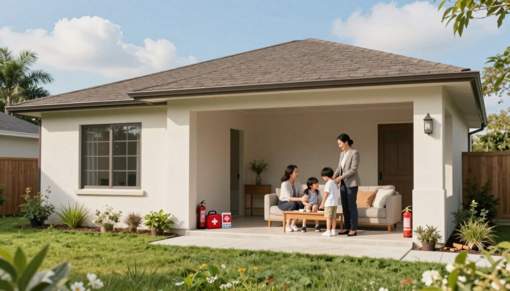 A serene suburban home exuding warmth and security, surrounded by a well-kept garden in the foreground, with a family of four depicted in professional attire, smiling and gathered together, symbolizing a sense of unity and protection. In the middle, a cozy living room with minimalist decor featuring essential items like a first-aid kit, fire extinguisher, and emergency supplies, subtly hinting at homeowners coverage. The background showcases a clear blue sky with fluffy clouds, emphasizing tranquility and peace of mind. Soft, natural lighting highlights the scene, creating an inviting atmosphere. The angle is slightly elevated, providing a comprehensive view of the home and family, underscoring the notion of essential protection for every household. A serene suburban home exuding warmth and security, surrounded by a well-kept garden in the foreground, with a family of four depicted in professional attire, smiling and gathered together, symbolizing a sense of unity and protection. In the middle, a cozy living room with minimalist decor featuring essential items like a first-aid kit, fire extinguisher, and emergency supplies, subtly hinting at homeowners coverage. The background showcases a clear blue sky with fluffy clouds, emphasizing tranquility and peace of mind. Soft, natural lighting highlights the scene, creating an inviting atmosphere. The angle is slightly elevated, providing a comprehensive view of the home and family, underscoring the notion of essential protection for every household.