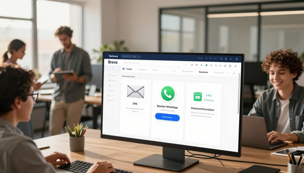 A sleek, modern digital workspace showcasing the Brevo platform interface on a large, high-resolution screen at the forefront. The screen displays intuitive email, SMS, and WhatsApp functionalities, highlighted with vibrant colors and user-friendly icons. In the middle ground, a diverse group of professionals in smart casual attire collaborates, discussing marketing strategies while using tablets and laptops. They exude a friendly and approachable vibe. In the background, a contemporary office setting with large windows letting in warm sunlight, casting soft shadows across the room. The atmosphere is dynamic yet welcoming, hinting at innovation and teamwork. The image captures a blend of technology and human connection, emphasizing AI-enhanced communication tools.