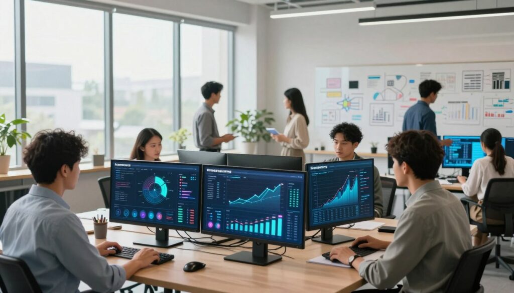 A sleek, modern office space serving as the backdrop, filled with large windows allowing natural light to stream in. In the foreground, a diverse group of business professionals dressed in smart casual attire, intently analyzing futuristic digital marketing dashboards displayed on sleek screens. Infographics and graphs showcasing rising trends in marketing data are prominently featured on the monitors, emitting soft, glowing light that reflects off their focused faces. The middle ground reveals a whiteboard filled with brainstorming ideas and diagrams related to AI in marketing, while stylish furniture adds a touch of contemporary design. The atmosphere conveys a sense of innovation, collaboration, and the ever-evolving landscape of business, emphasizing the crucial role of AI marketing tools in 2026. The image should be bright and inviting, captured with a wide-angle lens to encapsulate the energetic environment.