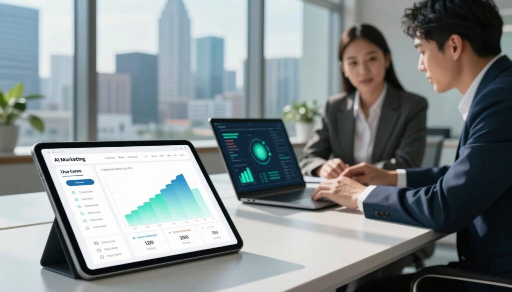 A sleek, modern workspace showcasing a digital comparison of AI marketing tools. In the foreground, a well-designed tablet displaying an interactive chart that highlights features, pricing, and use cases of various tools. The middle ground features a stylish laptop with graphs and icons representing different AI marketing functionalities, surrounded by professional business people in business attire discussing the data, conveying a collaborative atmosphere. The background consists of a vibrant city skyline viewed through large windows, suggesting innovation and progress. Soft, natural light streams in, casting gentle shadows, while the color palette includes cool blues and greens, enhancing a tech-savvy and professional mood. No text or overlays present.