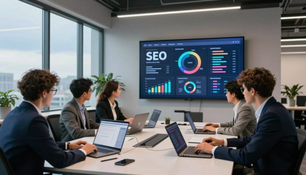 A sleek office environment showcasing a modern workspace dedicated to SEO and digital marketing. In the foreground, a diverse team of professionals, dressed in smart business attire, collaborates around a large, high-tech table filled with laptops and digital devices displaying graphs and SEO metrics. The middle ground features a large digital screen showcasing colorful SEO performance stats and trending keywords. The background includes a stylish office with floor-to-ceiling windows allowing natural light to pour in, creating an energetic atmosphere. Soft, ambient lighting and a clear blue sky outside convey a sense of innovation and forward-thinking. The overall mood is productive and dynamic, reflecting the cutting-edge nature of AI tools in marketing for 2026.