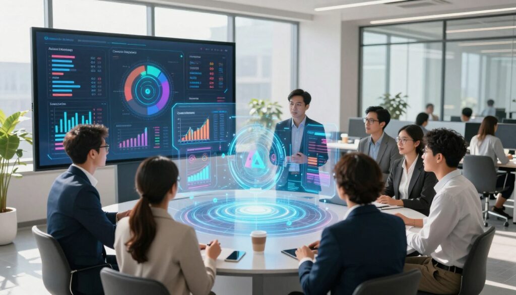 A vibrant and futuristic depiction of the modern AI marketing landscape. In the foreground, a diverse group of professionals in business attire are engaged in a lively discussion around a sleek digital display showing various marketing metrics and AI tools. In the middle, digital holograms and graphs illustrate key concepts like analytics, customer engagement, and automation, showcasing the interconnectedness of technology and marketing. The background features a modern office environment with large windows allowing natural light to flood in, casting soft shadows. The overall mood is dynamic and forward-thinking, with bright colors accentuating innovation and collaboration. Use a wide-angle lens to capture the entire scene, focusing on clarity and detail.