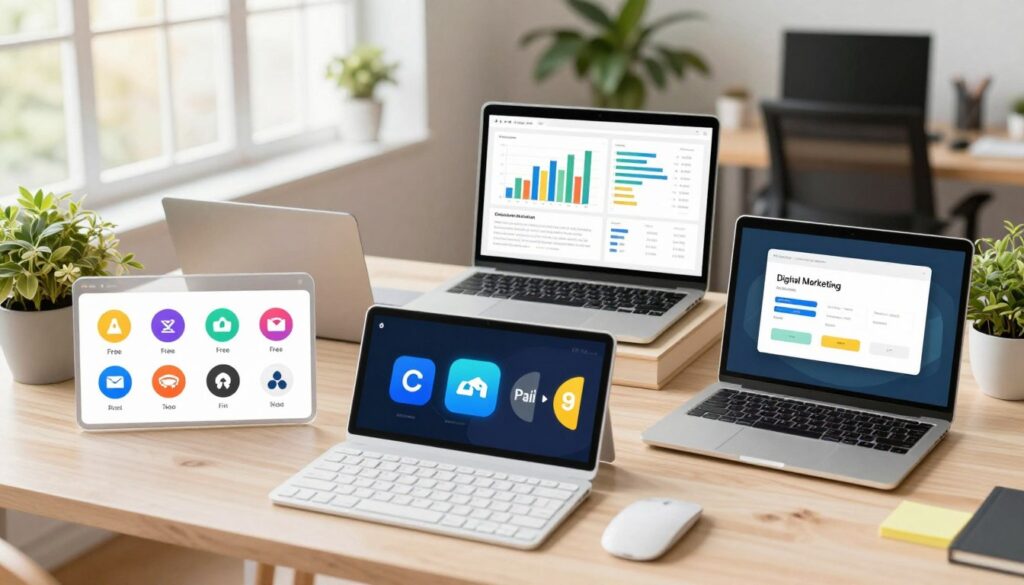 A vibrant workspace scene showcasing various digital marketing tools arranged aesthetically on a desk. In the foreground, there are both free tools represented by colorful icons and paid tools depicted with sleek, modern designs. The middle layer features a laptop displaying graphs and data analytics, symbolizing daily marketing tasks. The background includes a bright and airy office setting with large windows, natural light streaming in, and potted plants adding a touch of greenery. The mood is productive and inspiring, emphasizing innovation in marketing. Use soft lighting to create a warm ambiance, shot from a slightly elevated angle to capture the entirety of the workspace.