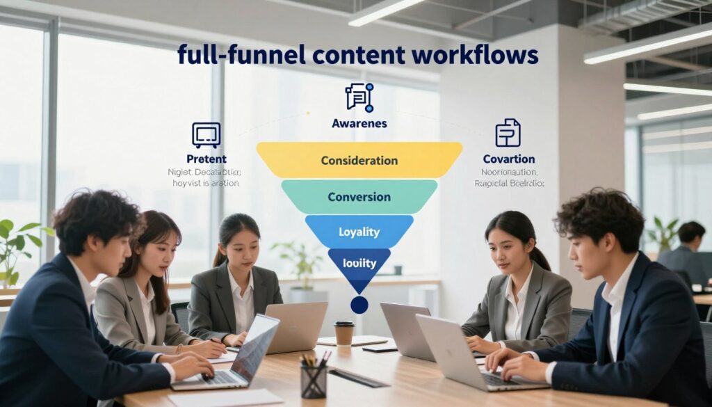 A visually engaging infographic illustrating "full-funnel content workflows" in digital marketing. In the foreground, show diverse professionals in business attire collaborating over a digital device, highlighting teamwork and creativity. The middle ground features a layered funnel diagram, visually representing different stages of content marketing: awareness, consideration, conversion, and loyalty, with icons symbolizing corresponding tools and strategies for each stage. In the background, depict a modern office environment with large windows, soft natural light filtering in, creating a bright and inspiring atmosphere. Use a wide-angle perspective to capture detail and depth, while maintaining a clean and organized look, ensuring clarity and focus on the concept of AI integration into marketing workflows.