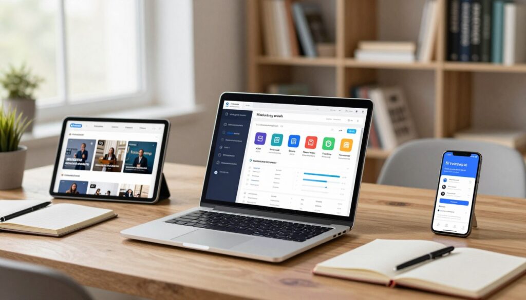 A visually engaging office workspace, highlighting several high-quality paid AI marketing tools. In the foreground, a sleek laptop displays an advanced marketing analytics dashboard, illuminated by a soft glow. Surrounding the laptop, premium tools like a tablet and smartphone show snippets of innovative marketing campaigns. In the middle, an elegantly designed wooden desk adorned with open notebooks and stationery conveys a sense of organization and creativity. The background features a lightly blurred bookshelf with business and marketing literature, creating an inviting atmosphere of learning and professionalism. Bright, natural lighting from a nearby window enhances the workspace's openness, while a gentle focus on the paid tools emphasizes their value and reliability in achieving marketing success. The overall mood is one of productivity, optimism, and strategic growth.