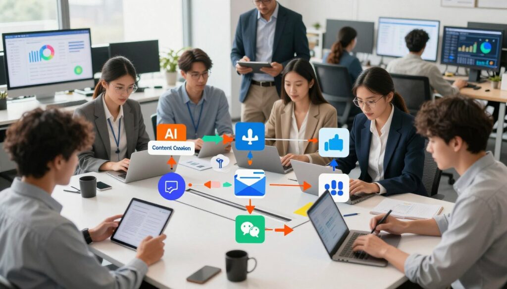 A visually engaging representation of content workflows in marketing, focused on AI tools. In the foreground, depict a diverse group of professionals, wearing smart business attire, engaging with digital devices such as tablets and laptops. In the middle, visualize a dynamic flowchart illustrating various marketing processes like content creation, automation, data analysis, and performance tracking. Incorporate colorful arrows and icons to symbolize AI integration. The background should feature an office environment with large screens displaying analytics dashboards and a collaborative workspace. Soft, natural lighting enhances a productive atmosphere, shot from a slightly elevated angle to capture both the professionals and the workflow elements effectively, conveying a sense of innovation and collaboration. A visually engaging representation of content workflows in marketing, focused on AI tools. In the foreground, depict a diverse group of professionals, wearing smart business attire, engaging with digital devices such as tablets and laptops. In the middle, visualize a dynamic flowchart illustrating various marketing processes like content creation, automation, data analysis, and performance tracking. Incorporate colorful arrows and icons to symbolize AI integration. The background should feature an office environment with large screens displaying analytics dashboards and a collaborative workspace. Soft, natural lighting enhances a productive atmosphere, shot from a slightly elevated angle to capture both the professionals and the workflow elements effectively, conveying a sense of innovation and collaboration.