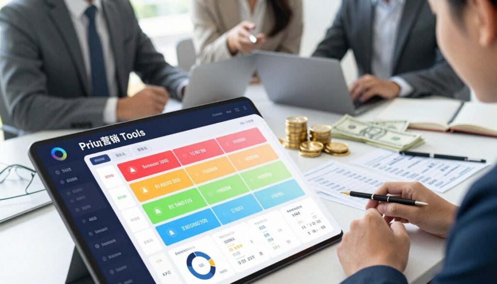 A visually engaging representation of diverse pricing structures for AI marketing tools. In the foreground, present a modern, sleek digital dashboard displaying various pricing tiers with colorful charts and graphs, highlighting different features and subscription options. The middle ground includes abstract representations of budget considerations, such as coins, bills, and financial documents filled with numbers. In the background, a soft-focus office environment features business professionals in business attire discussing strategies, reinforcing a collaborative and analytical atmosphere. Use bright, natural lighting to create a professional yet vibrant mood, emphasizing clarity and insight into pricing strategies. Capture the scene with a slight overhead angle, providing an informative view of the pricing data while creating depth in the composition.