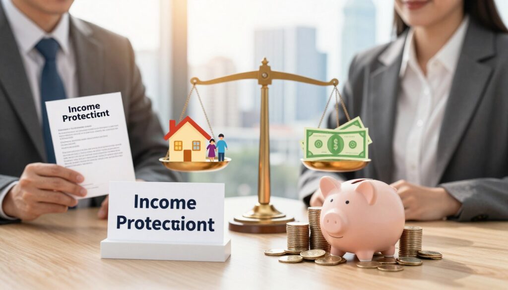 A visually striking comparison illustration depicting "Income Protection" on one side and "Savings" on the other. In the foreground, two columns: the left featuring an individual in professional business attire confidently holding an insurance policy, symbolizing stability and security; the right showcasing another person in neat casual clothing, surrounded by stacks of coins and a piggy bank, representing traditional savings. In the middle ground, a balanced scale weighing both concepts, with icons like a house and family on the income protection side and dollar bills on the savings side. The background displays a blurred city skyline, hinting at an urban financial environment. Bright, warm lighting highlights both subjects, creating a motivational yet serious atmosphere comparable to a financial discussion. Capture this scene with a slightly angled perspective to generate depth and focus.
