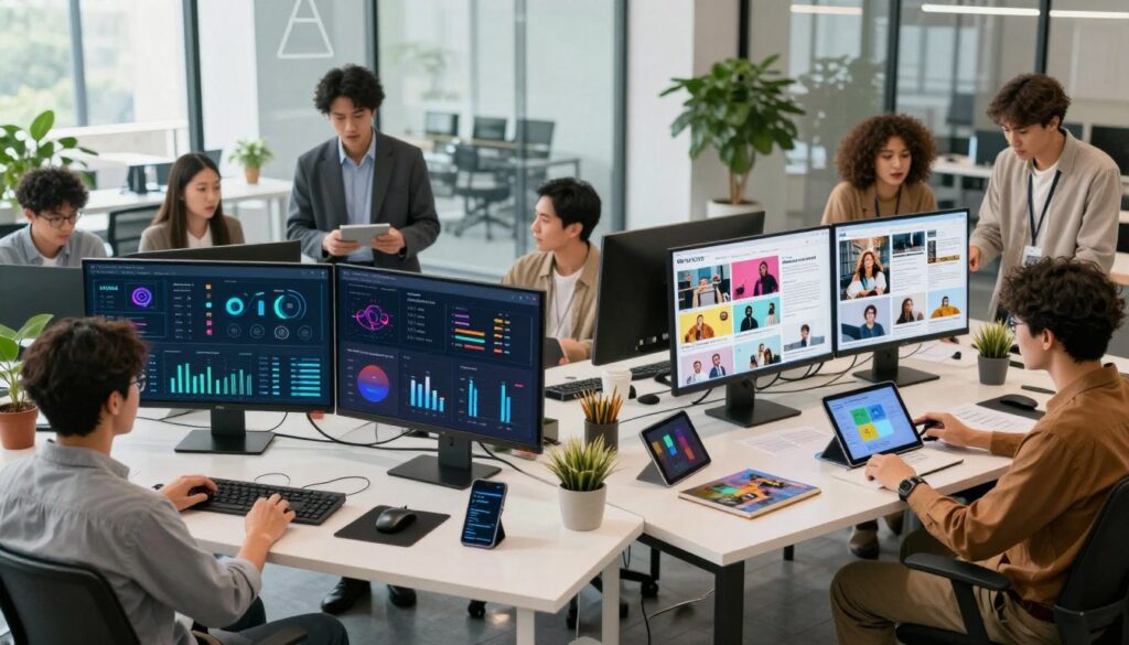A visually striking comparison of strategic versus content-centric AI marketing tools. In the foreground, depict two distinct workspaces: on the left, a strategic AI marketing workspace with sleek digital interfaces displaying analytics and projections, featuring diverse professionals in business attire discussing strategies, surrounded by futuristic gadgets. On the right, a content-centric workspace filled with creative elements, like screens showing vibrant social media content and blogs, with team members in smart casual clothing brainstorming ideas and collaborating with tablets and notebooks. The background shows a modern, brightly lit office setting with glass walls and greenery, conveying innovation and dynamism. Use soft, natural lighting to enhance the professional atmosphere, captured from a slightly elevated angle to provide depth and clarity.