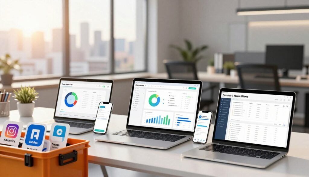 A visually striking composition illustrating free tools for AI marketing, focusing on diverse digital devices like laptops, tablets, and smartphones displaying various graph charts and analytics dashboards on their screens. In the foreground, a vibrant toolbox overflowing with icons representing free software applications, such as analytics tools and content generators. The middle ground features a soft-focus image of a modern office setting with a sleek desk and ambient lighting, promoting a creative atmosphere. The background shows a window with a cityscape view bathed in warm sunlight, symbolizing potential and growth. The overall mood is optimistic and productive, inviting viewers to explore the advantages of free tools in a professional environment.