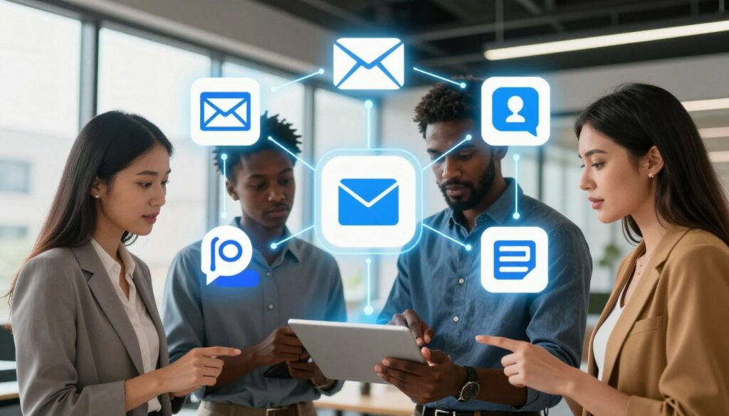 A visually striking illustration of a modern marketing tech stack integration. In the foreground, a diverse group of three professionals—one Asian woman, one Black man, and one Hispanic woman—discuss data on a sleek tablet. They are dressed in smart business attire. In the middle ground, various tech icons representing CRM, email marketing, analytics, and social media tools are interconnected by vibrant, glowing lines, symbolizing integration. The background features a contemporary office environment with large windows, allowing soft, natural light to filter in, creating an inviting atmosphere. Use a slightly elevated, angled viewpoint to emphasize the tech stack connections while maintaining focus on the professionals. The mood is collaborative and innovative, highlighting the dynamic nature of marketing technology integration.