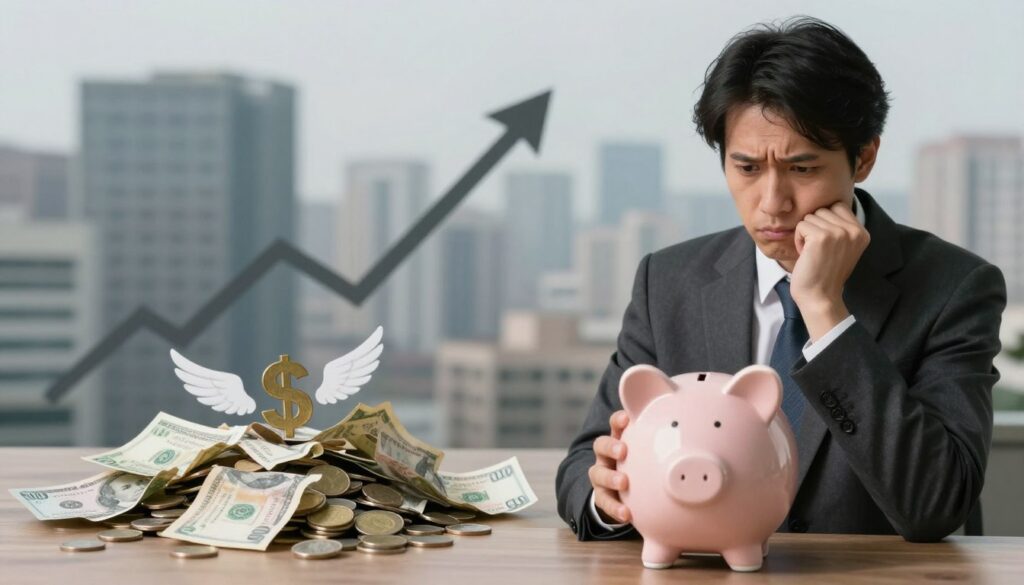 A visually striking image illustrating the concept of savings depletion amidst inflation threats. In the foreground, a worried individual in professional attire stands before an empty piggy bank, looking concerned and contemplative. Their facial expression reflects anxiety about financial security. In the middle ground, a pile of crumbling bills and coins, representing savings being eroded, contrasts with inflationary symbols like rising graphs and a dollar sign with wings. The background features an urban skyline, slightly blurred, giving a sense of economic environment. Use soft lighting to create a somber mood, highlighting the tension in the scene. A shallow depth of field focuses on the individual and the piggy bank, creating a sense of urgency and contemplation.