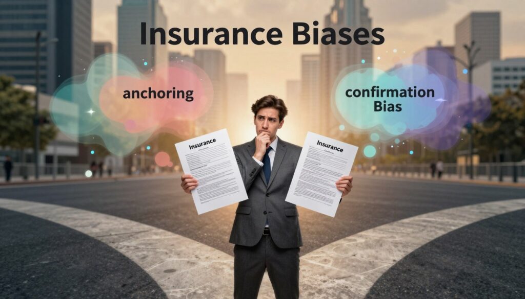 A visually striking representation of "Insurance Biases," featuring a symbolic composition. In the foreground, a thoughtful individual dressed in professional business attire stands at a crossroads, holding a choice between two insurance policy documents, symbolizing decision-making. Their expression shows concern and contemplation. In the middle ground, ethereal representations of various biases—such as anchoring, confirmation bias, and availability heuristic—manifest as soft-colored, abstract forms swirling around the individual, blending shapes and light. The background features a blurred cityscape, suggesting a bustling environment but softening to emphasize the person's internal struggle. The lighting is warm and ambient, creating a reflective mood that highlights the weight of emotional influences in insurance choices. The angle is slightly elevated, giving a panoramic view of the scene, enhancing the depth of the image.