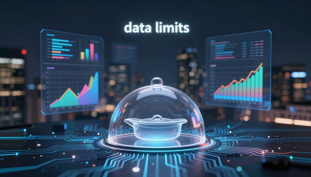 A visually striking representation of "data limits" in a modern business context. In the foreground, a large, transparent data cap symbol, depicted as a semi-transparent dome, sits atop scattered digital data streams, visualized as glowing lines and circuit patterns. In the middle ground, an assortment of charts and graphs emerge, showcasing fluctuating data usage, with vibrant colors contrasting against a dark background. The background should feature a blurred city skyline to convey a sense of scale and advancement in technology. Soft, ambient lighting enhances the atmosphere, creating a professional yet dynamic mood, while the composition is captured from a slightly elevated angle to emphasize the concept of limitation and growth in an AI marketing landscape.