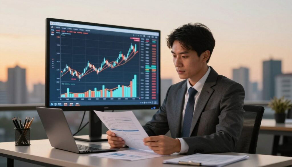 A visually striking representation of financial growth balanced with risk awareness. In the foreground, a confident business professional in a tailored suit examines a set of financial documents and charts on a sleek desk, symbolizing careful planning and analysis. The middle ground features a large digital screen displaying fluctuating stock market graphs and investment strategies, illustrating the dynamic nature of wealth building. In the background, a serene urban skyline during dusk, bathed in warm golden light, conveys opportunity and aspiration. The atmosphere is focused and thoughtful, reflecting a prudent approach to investing. Use soft, natural lighting to create a sense of balance and harmony in the scene, emphasizing the importance of setting the right rules before making investments.