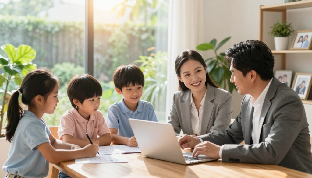 A warm, inviting family scene illustrating the concept of life insurance as a safeguard for future legacy. In the foreground, a diverse family of four—parents dressed in professional business attire and children in smart casual clothing—are gathered around a wooden table filled with documents and a laptop, discussing their financial plans. In the middle ground, soft sunlight streams through a large window, creating a hopeful atmosphere, while green plants and family photos enhance the cozy, homely feel. In the background, a well-maintained garden is visible, symbolizing growth and security. The scene is illuminated with natural light, evoking a sense of peace and trust, capturing the essence of safeguarding a family's future.