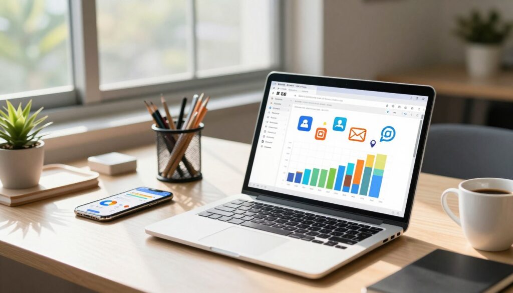 A well-organized workspace illustrating the concept of free marketing tools for small businesses and teams. In the foreground, a sleek laptop displaying an open spreadsheet and a colorful chart, with free marketing icons like social media and email represented vividly on the screen. The middle layer features a tidy desk with various stationery items, a smartphone showing an analytics app, and a coffee cup, conveying an active and productive atmosphere. In the background, a window reveals a bright, sunny day outside, suggesting optimism. Soft, natural light streams in, creating an inviting mood, while the camera angle is slightly elevated, providing a balanced view of the workspace. Aim for clarity and professionalism, capturing an environment ripe for creative marketing solutions.