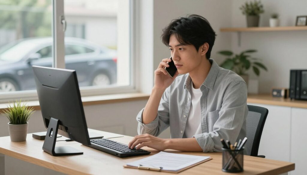 An image representing the concept of auto insurance for remote workers, possibly showing a person working from home with a car in the background. An image representing the concept of auto insurance for remote workers, possibly showing a person working from home with a car in the background.