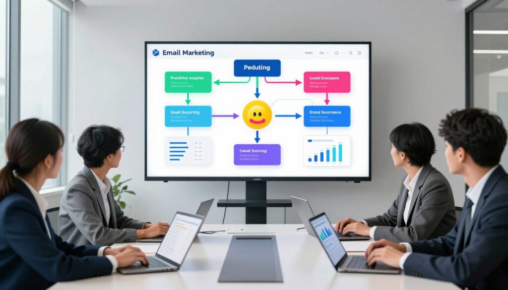 An office environment showcasing predictive sending and lead scoring in email marketing. In the foreground, a diverse group of professionals in business attire collaborates around a modern conference table with laptops and digital tablets displaying charts and graphs. In the middle, a large digital screen visualizes complex workflows with arrows indicating predictive analytics and lead scoring metrics, illustrated with vibrant colors and data points. In the background, floor-to-ceiling windows allow natural light to flood the room, creating a productive atmosphere. Soft shadows and reflections enhance the depth, while a sleek, modern design emphasizes innovation and technology. The overall mood is focused and dynamic, representing cutting-edge tools in action.