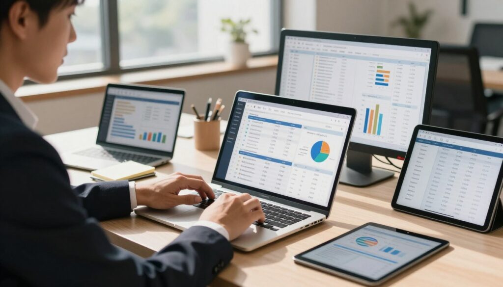 An organized workspace scene featuring a professional individual analyzing SEO data on a sleek laptop, surrounded by visual elements like charts, graphs, and keyword lists. In the foreground, the person, dressed in smart business attire, focuses intently on the screen. In the middle ground, the desk is cluttered with SEO tools, note pads, and a digital tablet displaying analytics. The background shows a bright office with large windows letting in natural light, casting soft shadows across the scene. The mood is productive and innovative, embodying the essence of modern AI-driven marketing strategies. Use a warm color palette with a slight bokeh effect to emphasize the central figure and their work. An organized workspace scene featuring a professional individual analyzing SEO data on a sleek laptop, surrounded by visual elements like charts, graphs, and keyword lists. In the foreground, the person, dressed in smart business attire, focuses intently on the screen. In the middle ground, the desk is cluttered with SEO tools, note pads, and a digital tablet displaying analytics. The background shows a bright office with large windows letting in natural light, casting soft shadows across the scene. The mood is productive and innovative, embodying the essence of modern AI-driven marketing strategies. Use a warm color palette with a slight bokeh effect to emphasize the central figure and their work.
