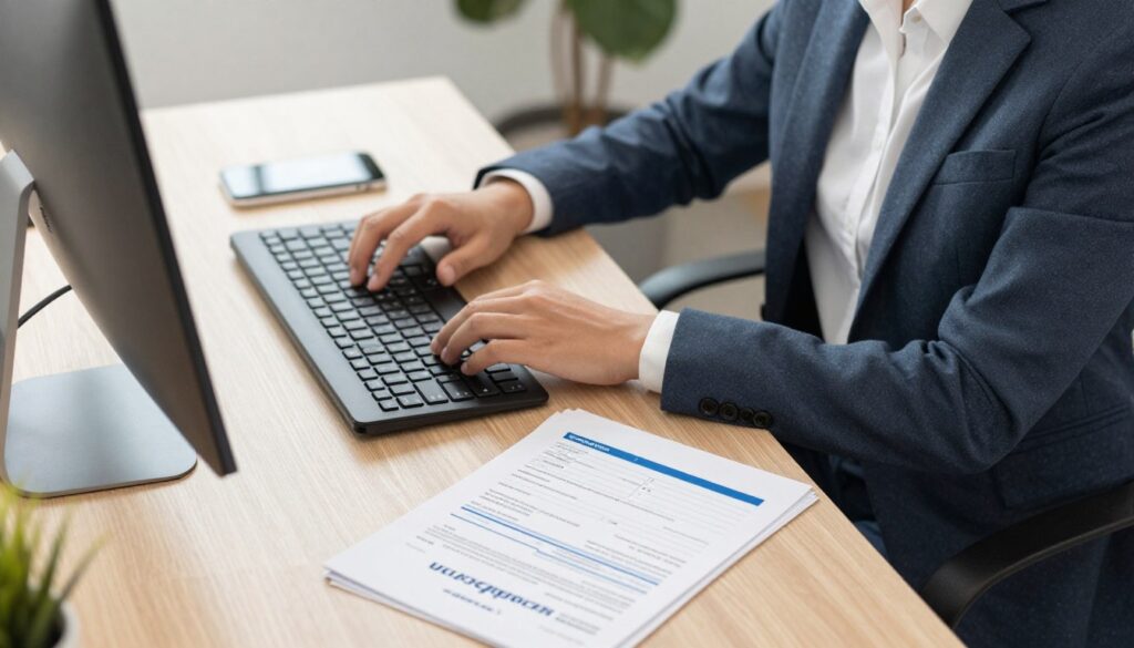 Image of a remote worker in a home office setting with a computer and insurance documents Image of a remote worker in a home office setting with a computer and insurance documents